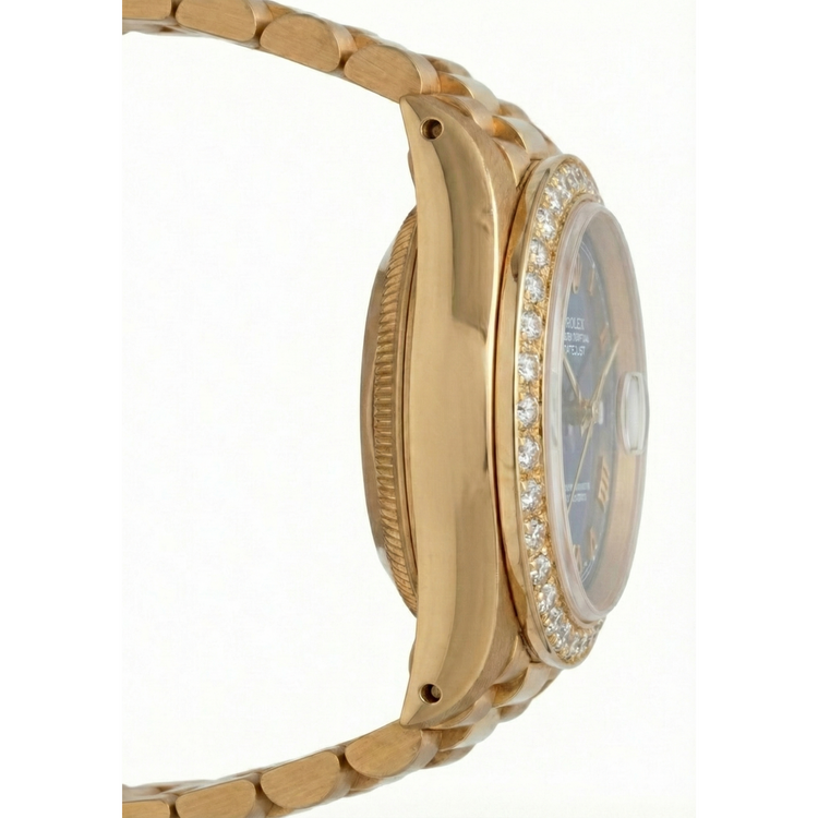 Lunette diamant cadran romain bleu Rolex or jaune président still montre Datejust
