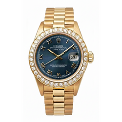 Lunette diamant cadran romain bleu Rolex or jaune président still montre Datejust