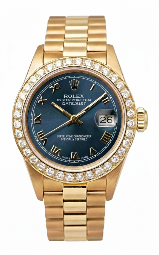 Lunette diamant cadran romain bleu Rolex or jaune président still montre Datejust