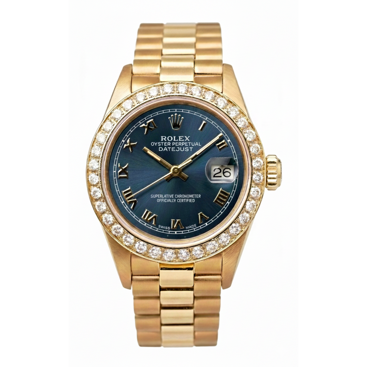 Lunette diamant cadran romain bleu Rolex or jaune président still montre Datejust