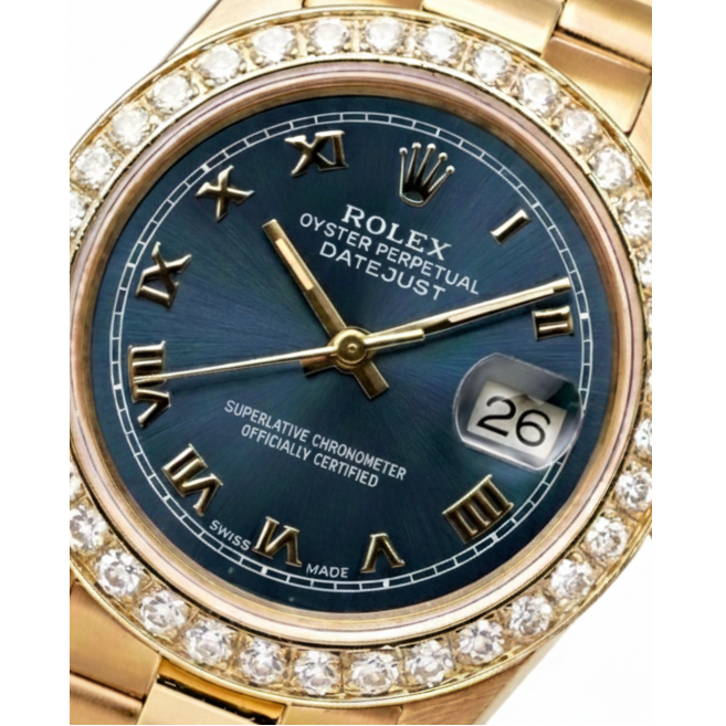 Lunette diamant cadran romain bleu Rolex or jaune président still montre Datejust