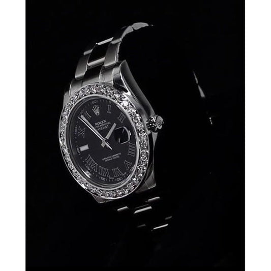 Lunette diamant personnalisée Datejust Ii Montre Rolex Bracelet huître Cadran noir2