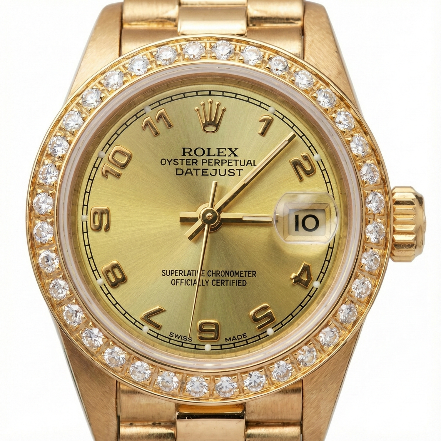 Lunette en diamant Champagne Or arabe Montre présidentielle Rolex Datejust