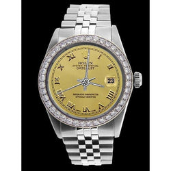 Lunette en diamant Rolex acier inoxydable Champagne Cadran romain Datejust Montre pour homme prise rapide