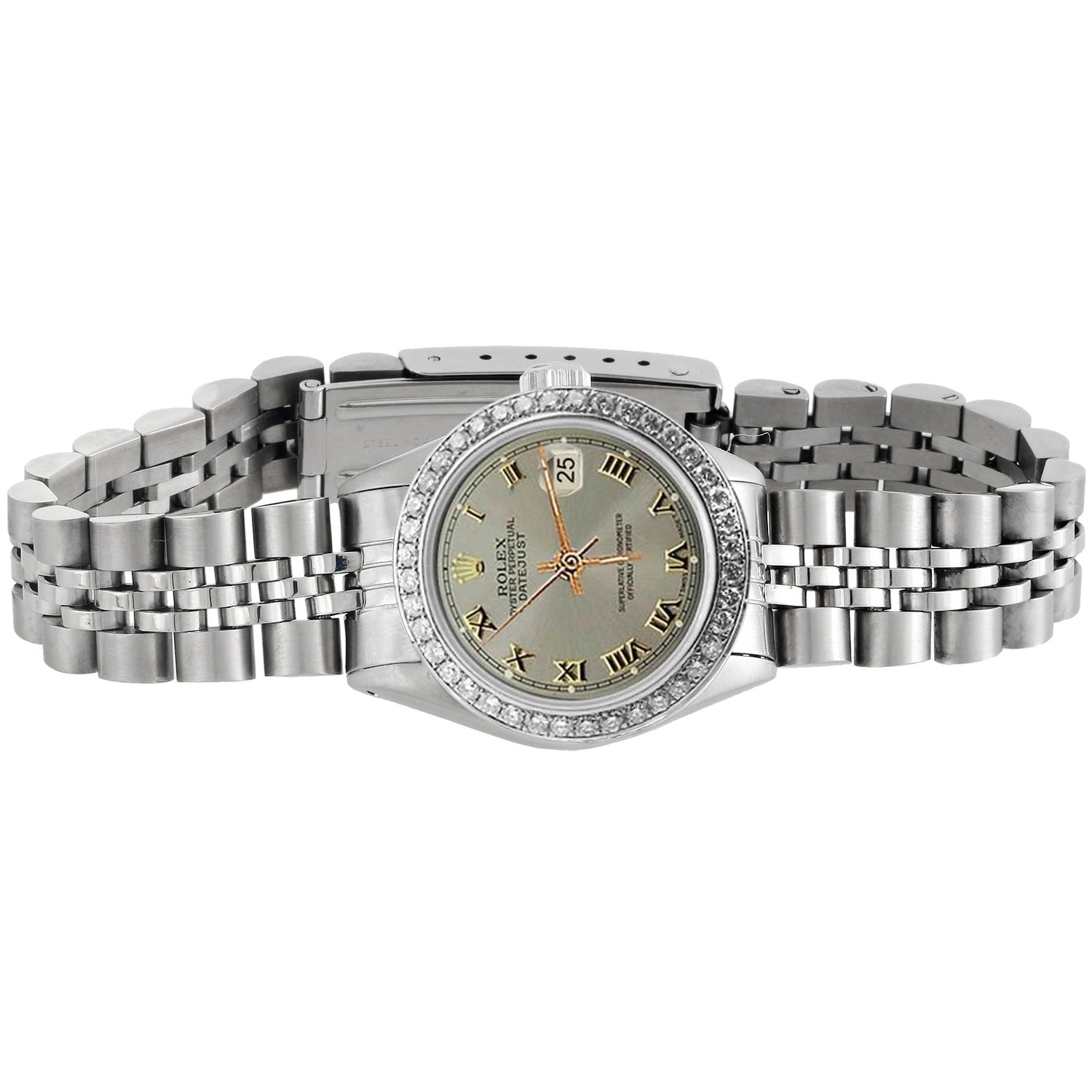Lunette en diamant gris femmes romaines montre Rolex acier inoxydable bracelet jubilé