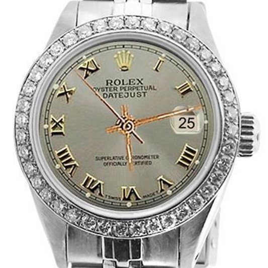 Lunette en diamant gris femmes romaines montre Rolex acier inoxydable bracelet jubilé
