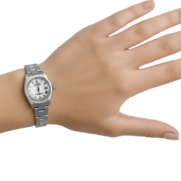 Lunette lisse cadran romain blanc Rolex Datejust montre femme acier inoxydable ˈoistər