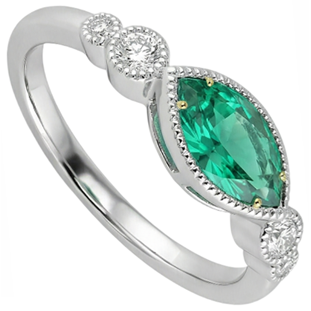 Marquise Émeraude Fine bague en Or Bicolore 14 Carats – vue de côté