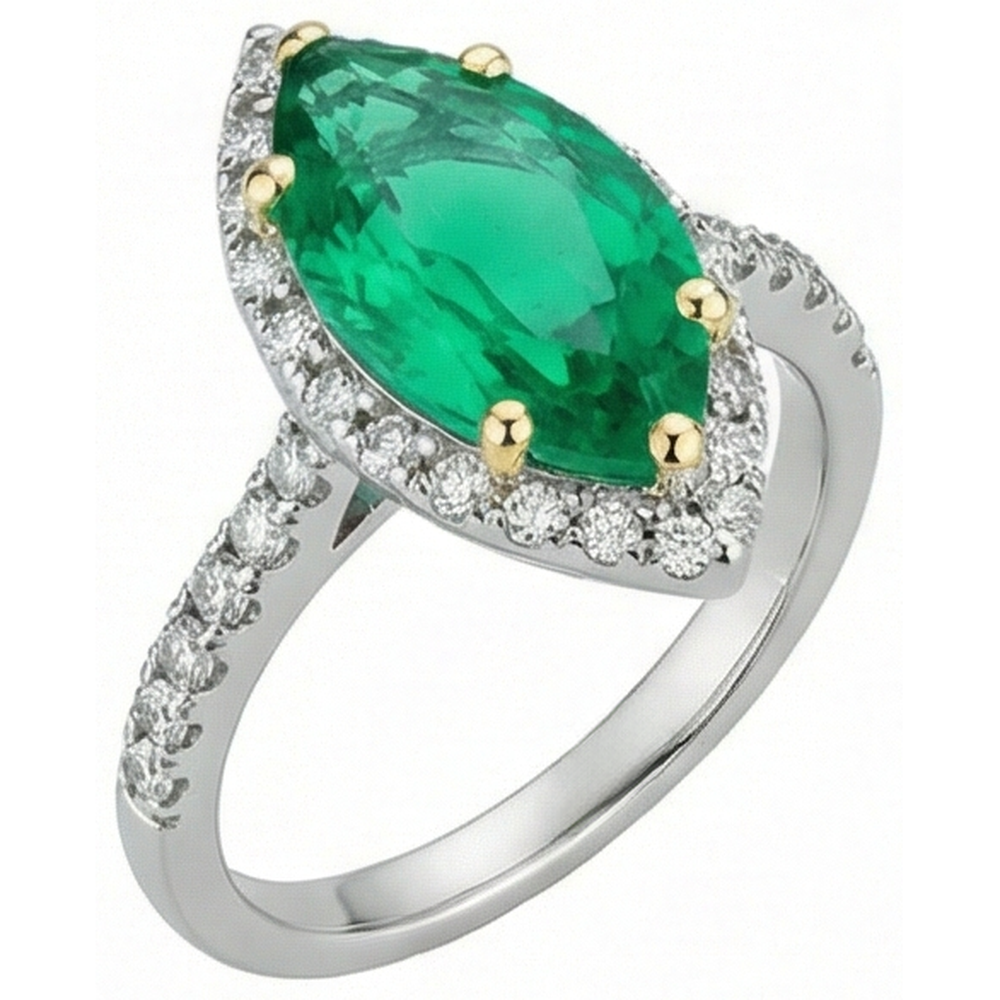Taille Marquise Émeraude Colombienne bague en Or 14K Bicolore – vue de côté