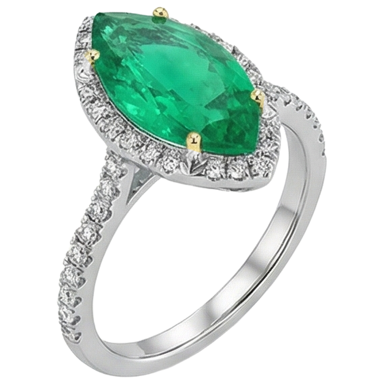 Émeraude Fine Marquise Bague Pierre de Couleur en Or Bicolore 14 Carats – vue de côté