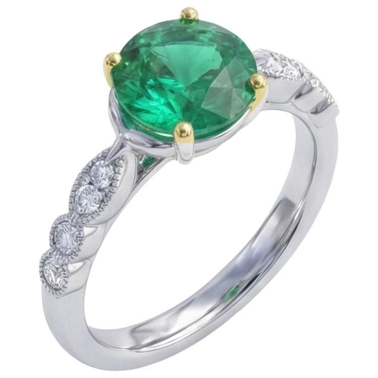 Taille Ronde Émeraude bague en Or 14K Bicolore – vue de face