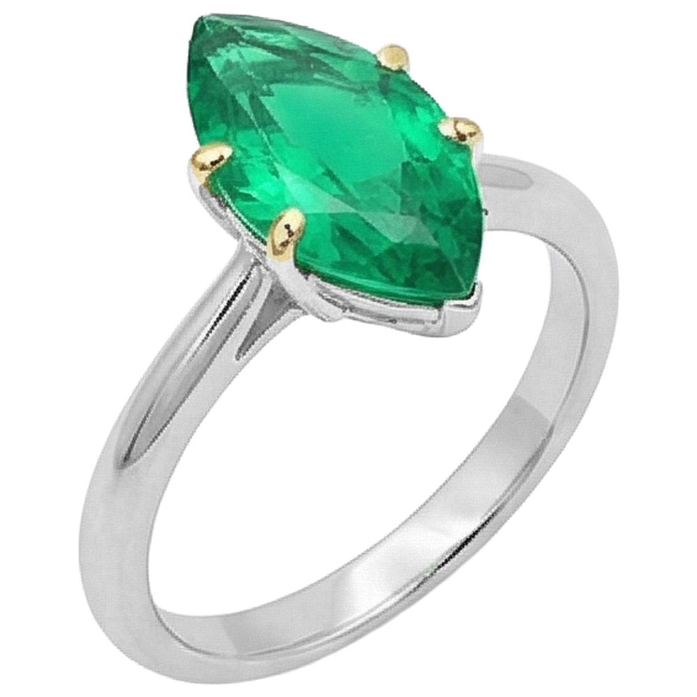 Émeraude Fine Marquise Bague Pierre de Couleur en Or Bicolore 14 Carats – vue de côté