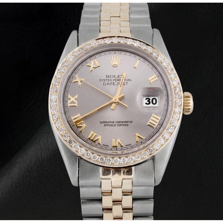 Montre Datejust pour hommes, cadran romain gris, lunette en diamant, deux tons, réglage rapide Rolex