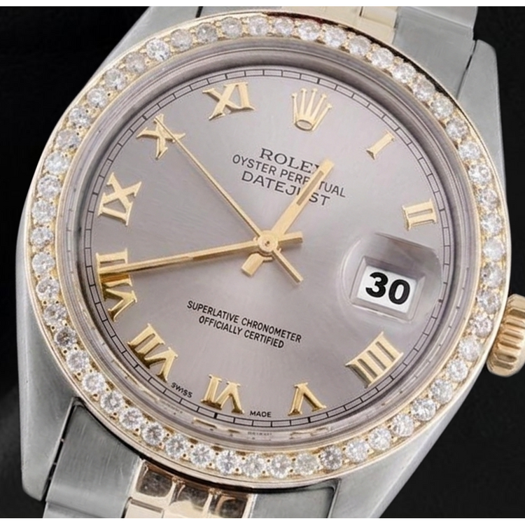Montre Datejust pour hommes, cadran romain gris, lunette en diamant, deux tons, réglage rapide Rolex