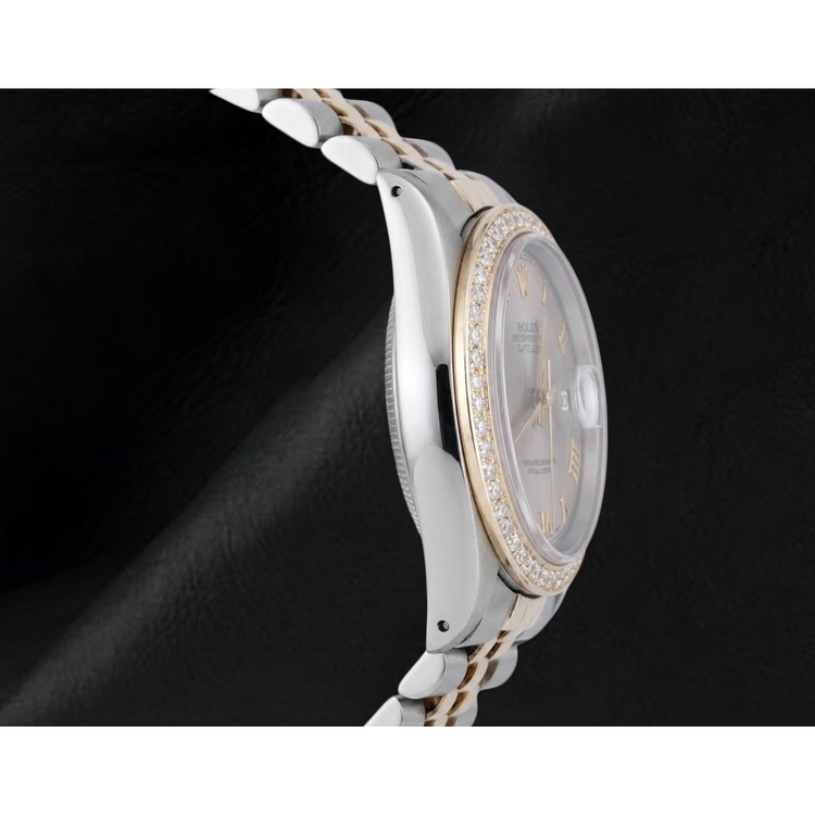 Montre Datejust pour hommes, cadran romain gris, lunette en diamant, deux tons, réglage rapide Rolex