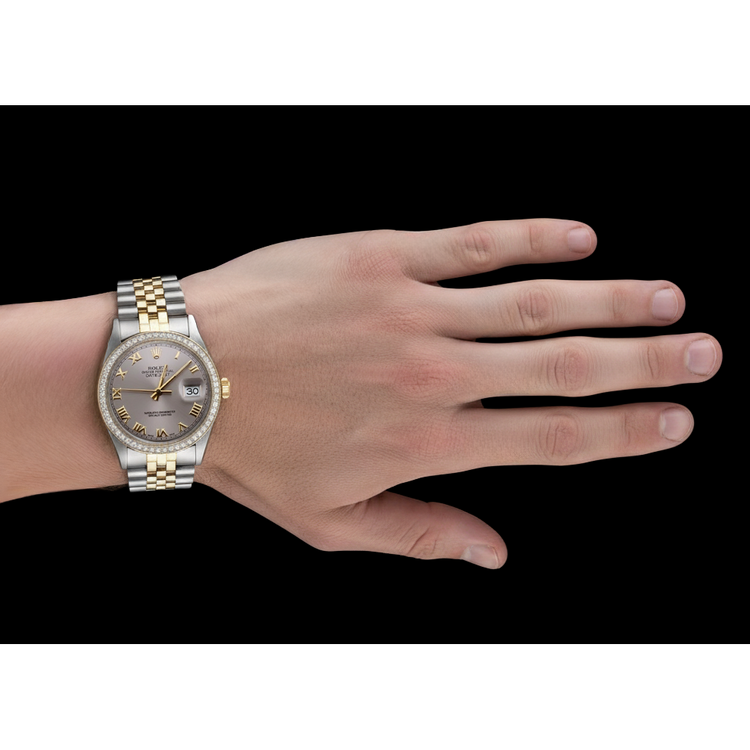 Montre Datejust pour hommes, cadran romain gris, lunette en diamant, deux tons, réglage rapide Rolex