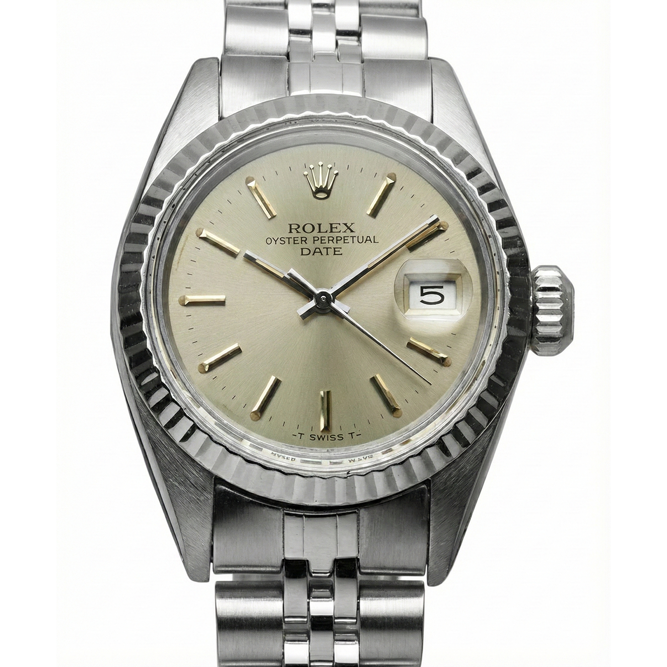 Montre Jubiläum Datum en acier inoxydable, cadran bâton gris, lunette cannelée