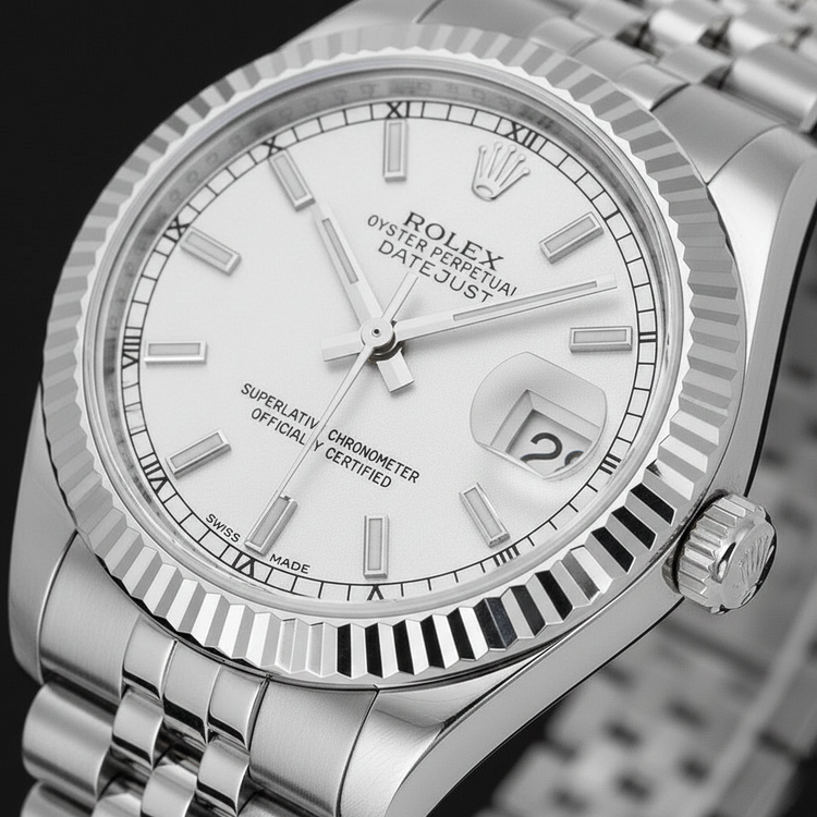 Montre Rolex Date-just 31 mm en or blanc avec lunette cannelée