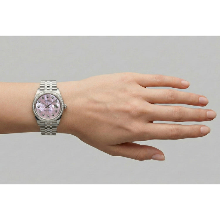 Montre Rolex Datejust 36 mm en acier inoxydable avec cadran en nacre rose et diamants