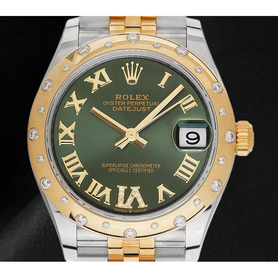 Montre Rolex Datejust à cadran romain vert en or jaune et acier