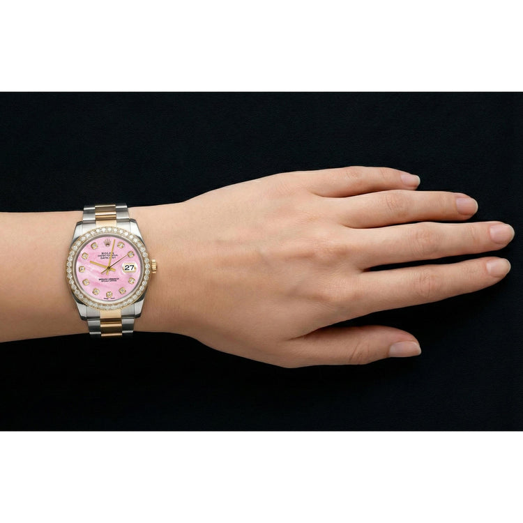 Montre Rolex Datejust bicolore 36 mm avec cadran en nacre rose et diamants et bracelet Oyster