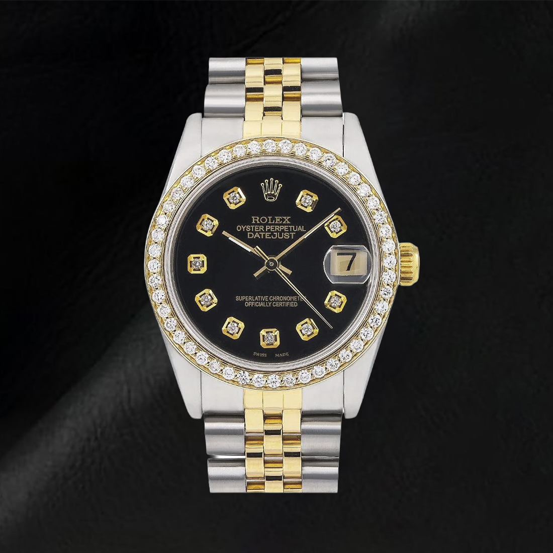 Montre Rolex Datejust en diamant de taille moyenne, cadran noir en diamant de taille moyenne