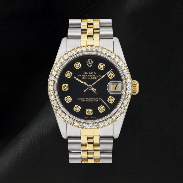 Montre Rolex Datejust en diamant de taille moyenne, cadran noir en diamant de taille moyenne