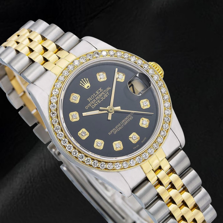 Montre Rolex Datejust en diamant de taille moyenne, cadran noir en diamant de taille moyenne