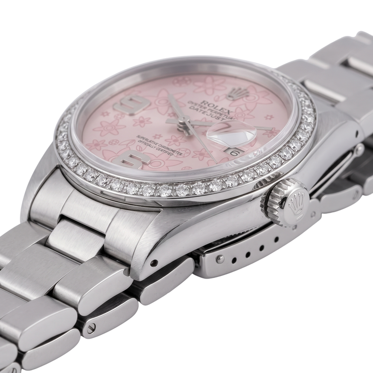 Montre Rolex Datejust pour homme en acier inoxydable avec cadran rose et lunette en diamant - prise rapide