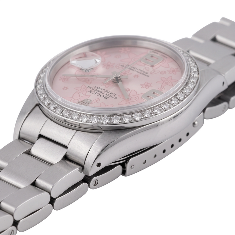 Montre Rolex Datejust pour homme en acier inoxydable avec cadran rose et lunette en diamant - prise rapide