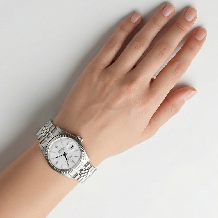 Montre Rolex Datejust pour homme, cadran argenté, lunette cannelée, bracelet acier inoxydable