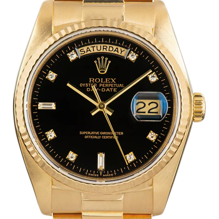 Montre Rolex Day-Date 36 mm pour homme, finition écorce, or jaune 18 carats, cadran noir