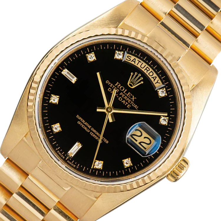 Montre Rolex Day-Date 36 mm pour homme, finition écorce, or jaune 18 carats, cadran noir