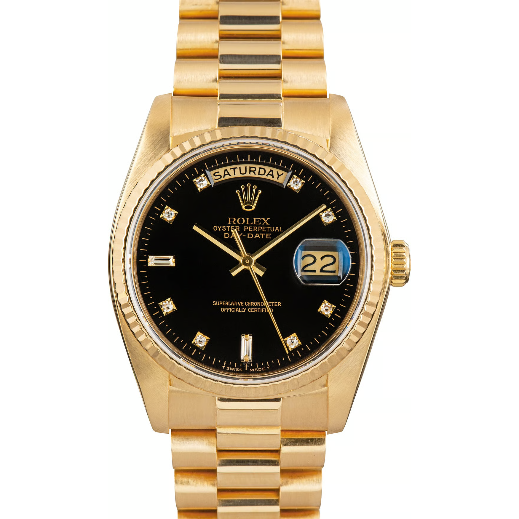 Montre Rolex Day-Date 36 mm pour homme, finition écorce, or jaune 18 carats, cadran noir