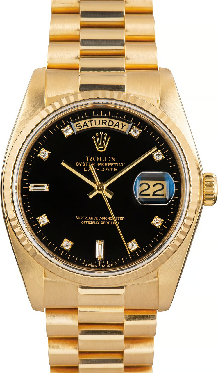 Montre Rolex Day-Date 36 mm pour homme, finition écorce, or jaune 18 carats, cadran noir