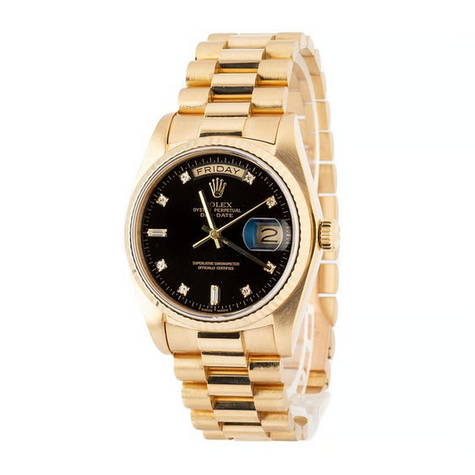 Montre Rolex Day-Date 36 mm pour homme, finition écorce, or jaune 18 carats, cadran noir
