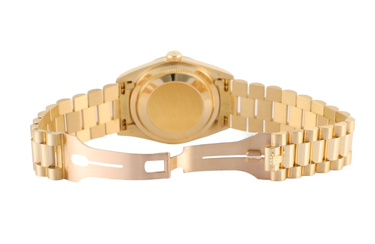 Montre Rolex Day-Date 36 mm pour homme, finition écorce, or jaune 18 carats, cadran noir