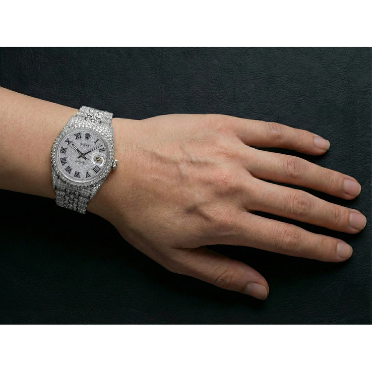 Montre Rolex Iced Out Diamond 12 carats avec cadran romain de 36 mm en acier inoxydable