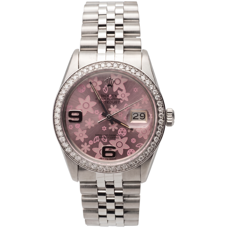 Montre Rolex à cadran fleur rose acier inoxydable jubilé diamant Rolex Datejust réglage rapide
