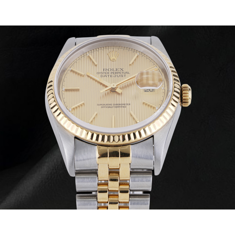 Montre Rolex pour homme, cadran bâton ivoire, Datejust, deux tons, or et acier inoxydable, réglage rapide