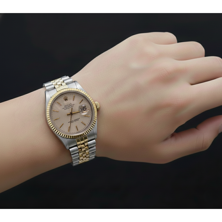 Montre Rolex pour homme, cadran bâton ivoire, Datejust, deux tons, or et acier inoxydable, réglage rapide