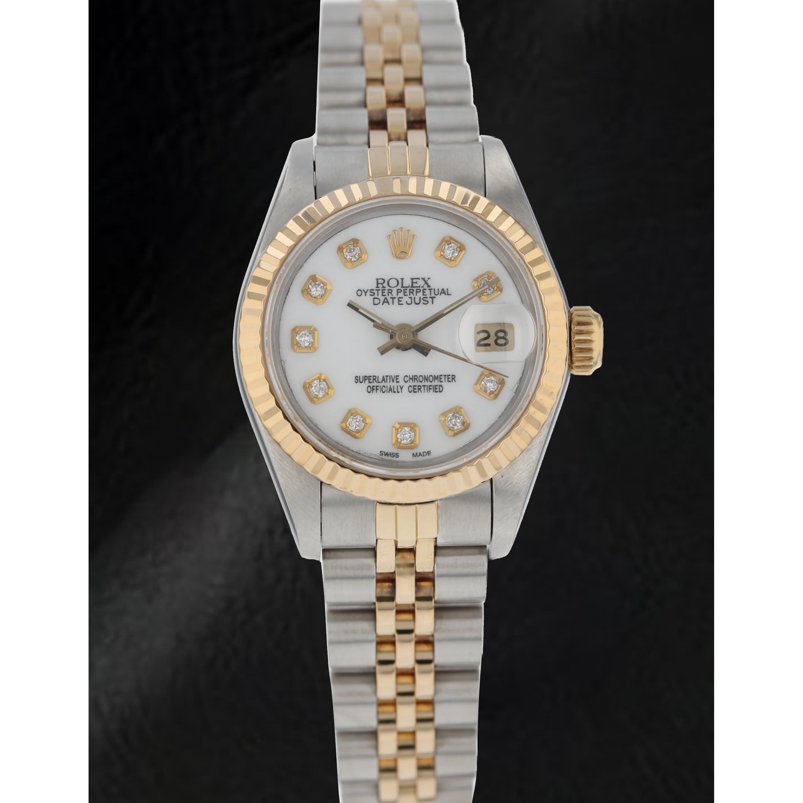 Montre Rolex Datejust 26 mm, cadran blanc serti de diamants, bracelet Jubilee bicolore