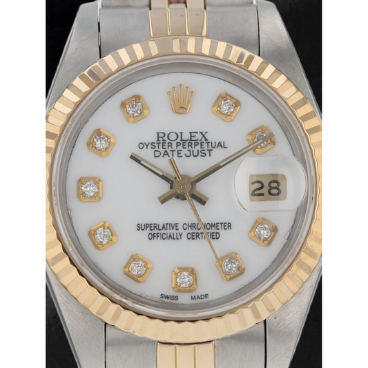 Montre Rolex Datejust 26 mm, cadran blanc serti de diamants, bracelet Jubilee bicolore