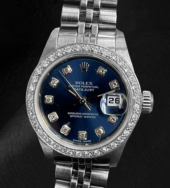 Montre Rolex Datejust 26 mm avec cadran diamant bleu foncé et bracelet jubilé en acier inoxydable