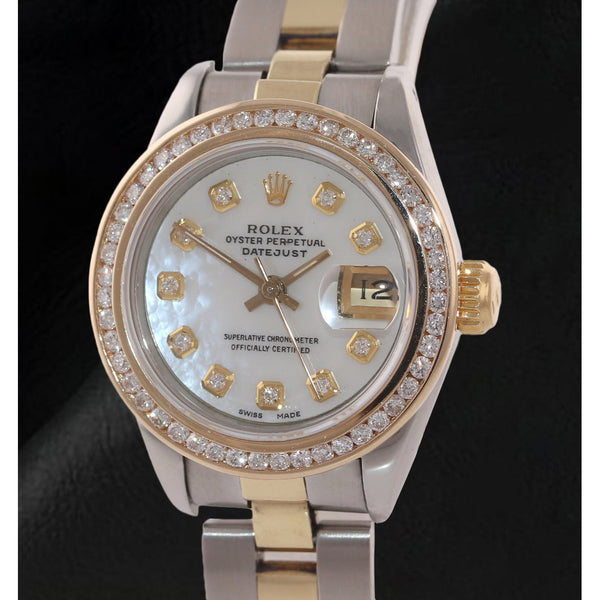 Montre Rolex Datejust 26 mm avec cadran en nacre blanche et diamants, bracelet Oyster bicolore