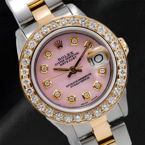 Montre Rolex Datejust 26 mm avec cadran en nacre rose et diamants, bracelet Oyster bicolore