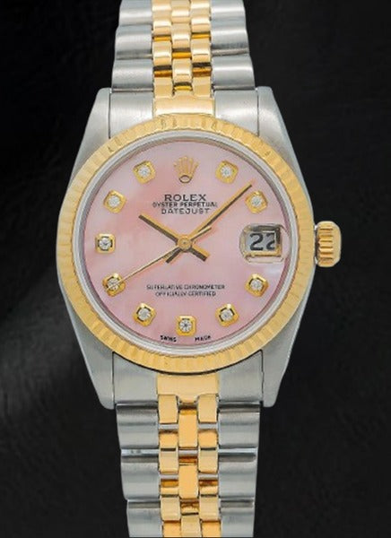 Montre Rolex Datejust 36 mm à cadran en nacre rose et diamants bicolore