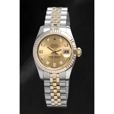 Montre Rolex Datejust Champagne avec cadran diamant et fermoir caché à réglage rapide 26 mm bicolore
