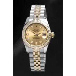 Montre Rolex Datejust Champagne avec cadran diamant et fermoir caché à réglage rapide 26 mm bicolore