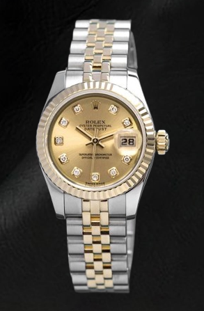 Montre Rolex Datejust Champagne avec cadran diamant et fermoir caché à réglage rapide 26 mm bicolore